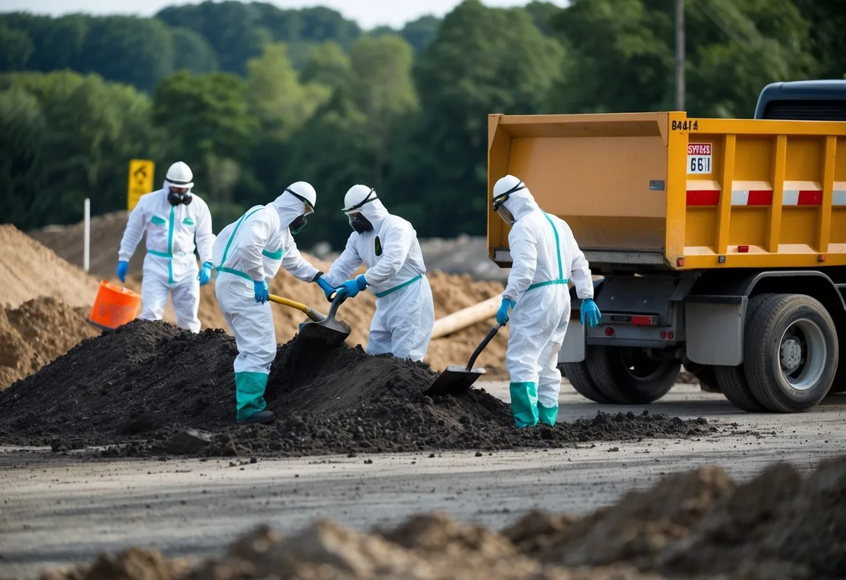 En gruppe arbejdere i beskyttelsesdragter udgraver forurenet jord fra en byggeplads og læsser det på en lastbil til bortskaffelse